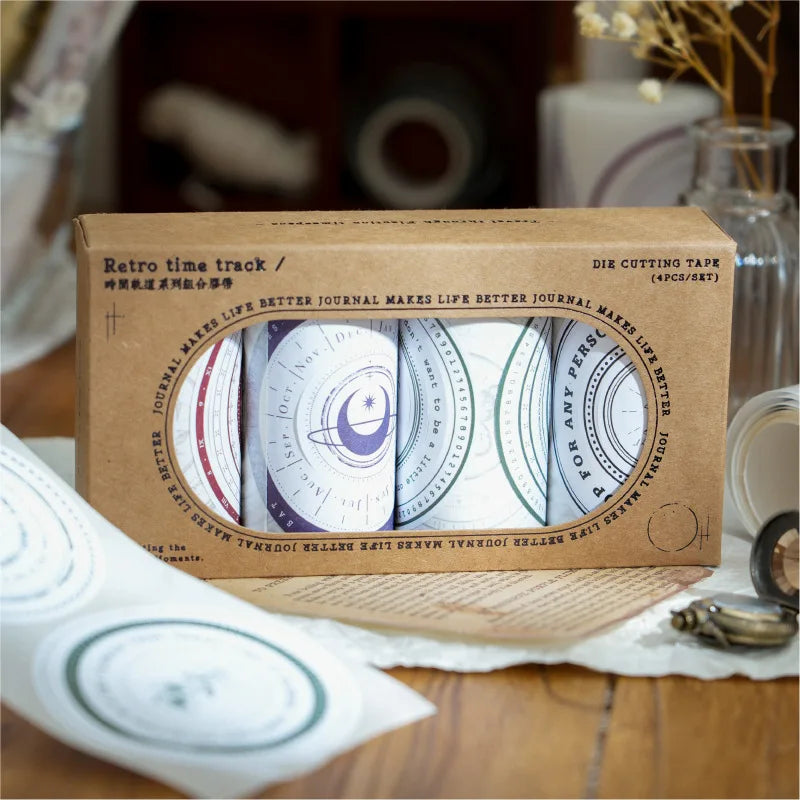 4 Rolls/box Combination Tape Time Track Series Retro Theme Handbook DIY Material Decorative Loop Stickers