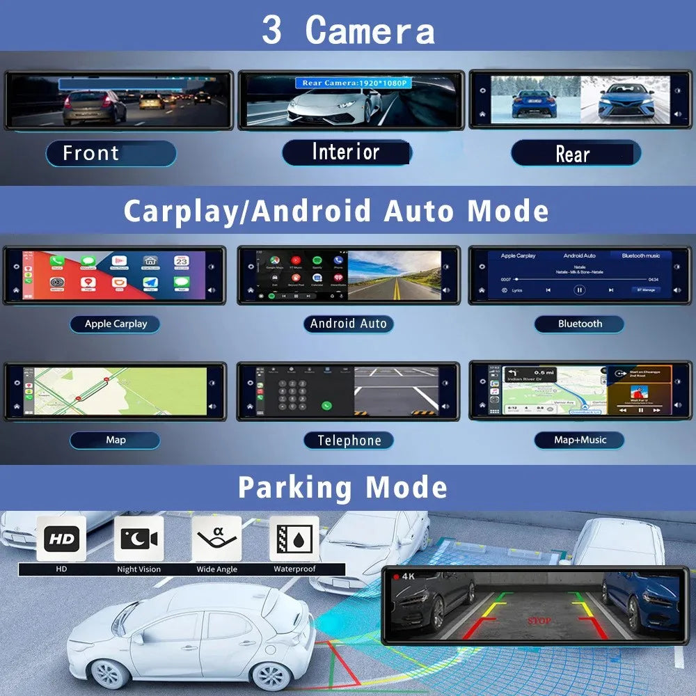 12Inch 3 CHs Triple Way Front Rear and Right 2.5K Rearview Mirror Dash Cam with GPS Carplay & Android Auto WIFI Phone APP
