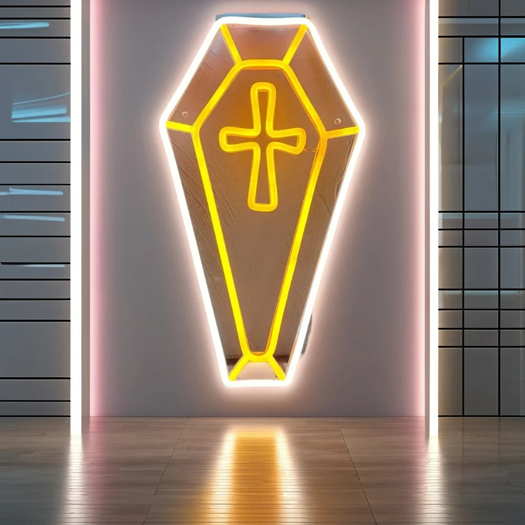 1pc Spooky Halloween Coffin Cross Neon Sign Jesus Cross LED Wall Decor Golden White Adult Gifts Home Decor