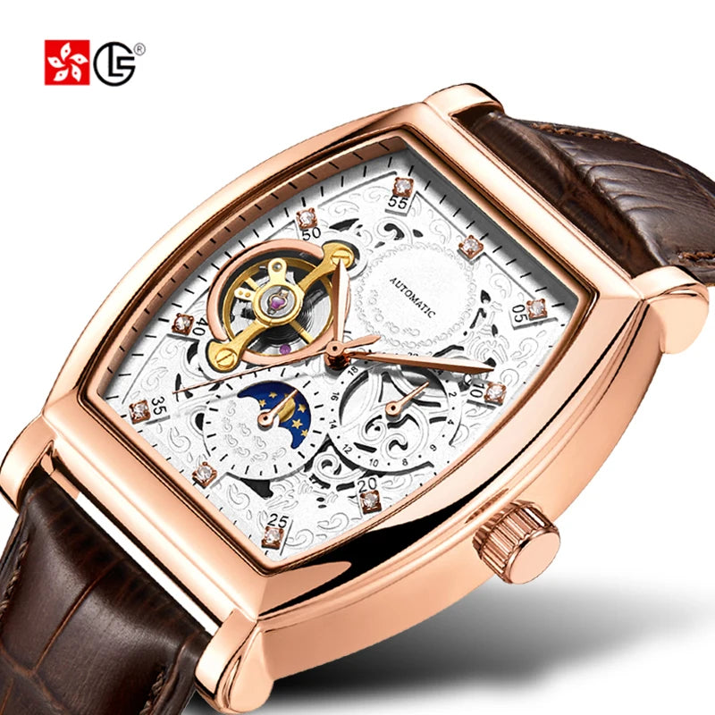 Real Tourbillon Hollow Out Men Watch Luxury Business Leather Automatic Mechanical Moon Watch