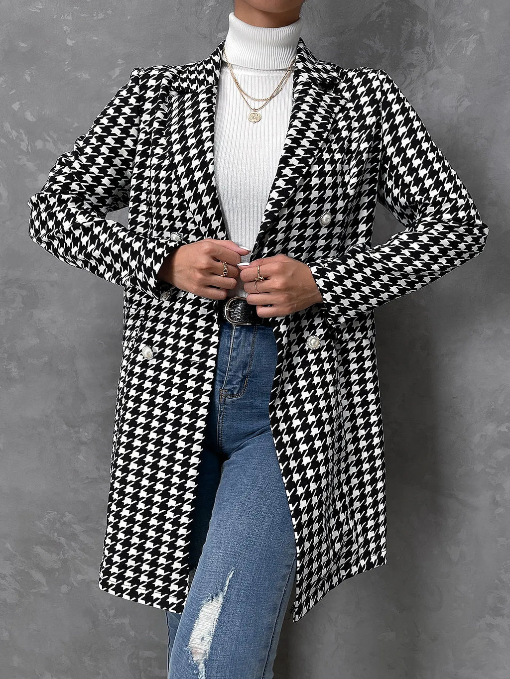 2023 Fashion Plaid Suits Turn Down Collar Double Button Mid-Length Casual Coat Swallow Gird Print Coat for Ladies