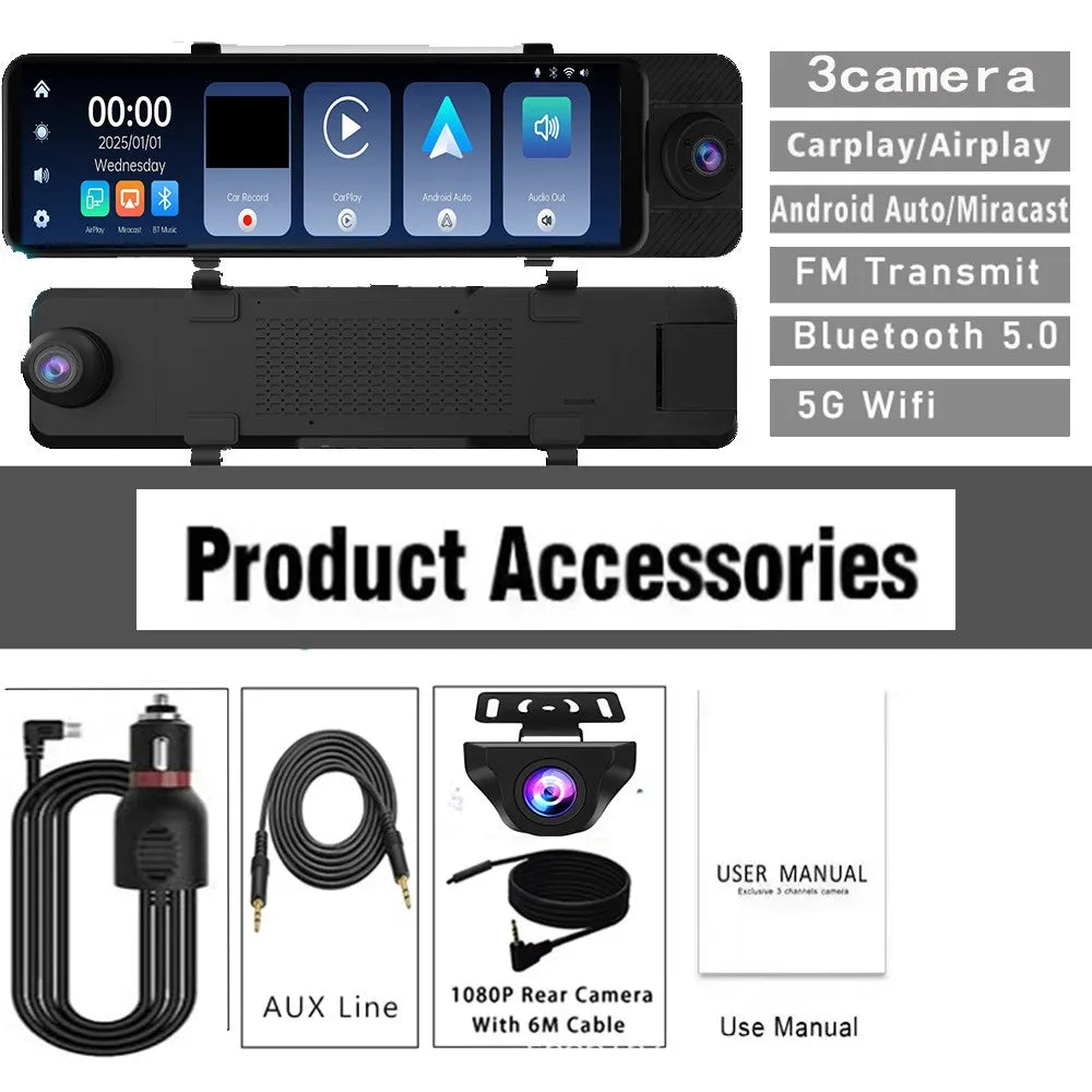 12Inch 3 CHs Triple Way Front Rear and Right 2.5K Rearview Mirror Dash Cam with GPS Carplay & Android Auto WIFI Phone APP