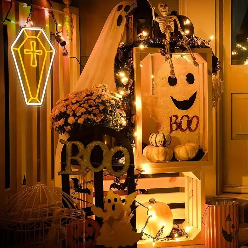 1pc Spooky Halloween Coffin Cross Neon Sign Jesus Cross LED Wall Decor Golden White Adult Gifts Home Decor