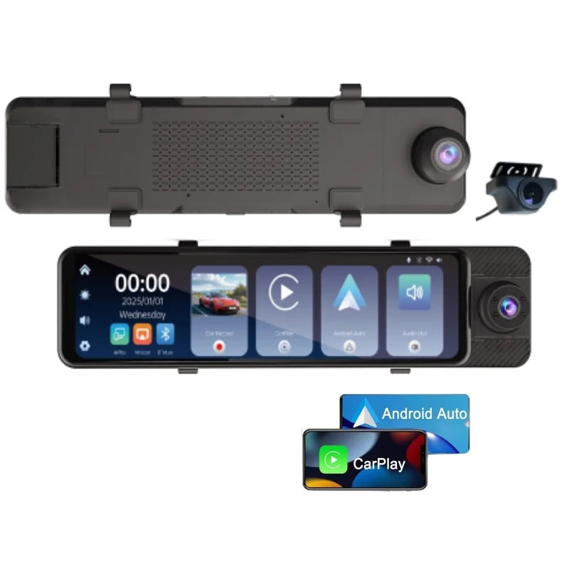 12Inch 3 CHs Triple Way Front Rear and Right 2.5K Rearview Mirror Dash Cam with GPS Carplay & Android Auto WIFI Phone APP