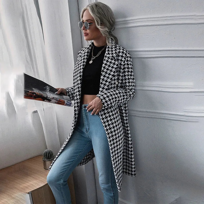 2023 Fashion Plaid Suits Turn Down Collar Double Button Mid-Length Casual Coat Swallow Gird Print Coat for Ladies