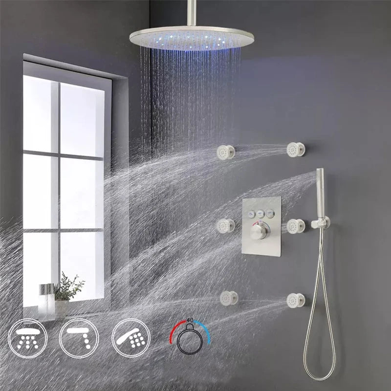 12-Inch Brushed Gold LED Rain Shower Head System Thermostatic Mixer with Single Handle Contemporary Brass Design for Hotels
