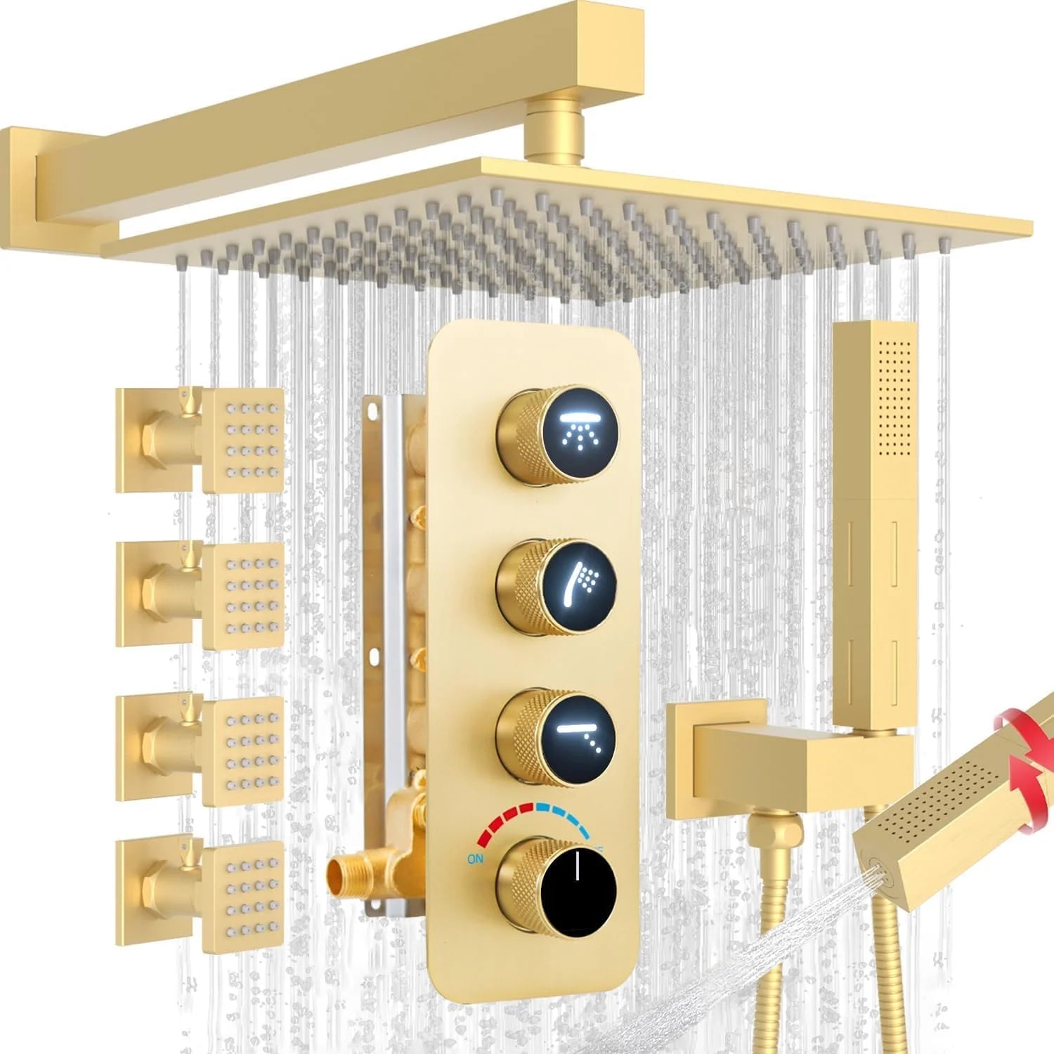 Upgrade 10 Rainfall Head 4PC On-Off Switch Body Glowing Icon Diverter Valve All-Jets Shower System One Handheld Brushed Faucet