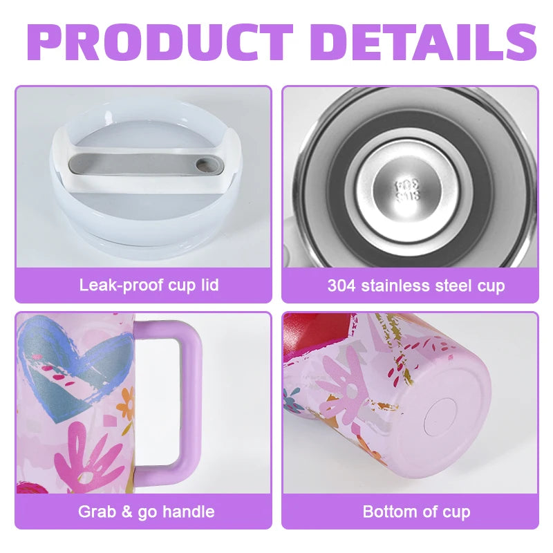 USA Shipped 40oz Stainless Steel Tumbler 3D Printed Pink Flower Travel Mug Luxury Flexible Handle for Hot Cold Beverages