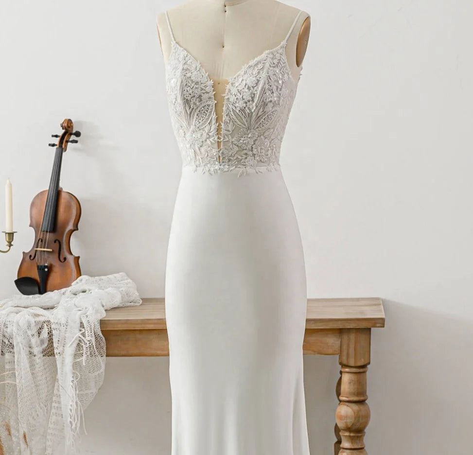 11363 #French Elegant Open Back Trumpet Sleeveless Satin Wedding Dress 2021 V Neck Sweep Train Spaghetti Straps  Bridal Gowns