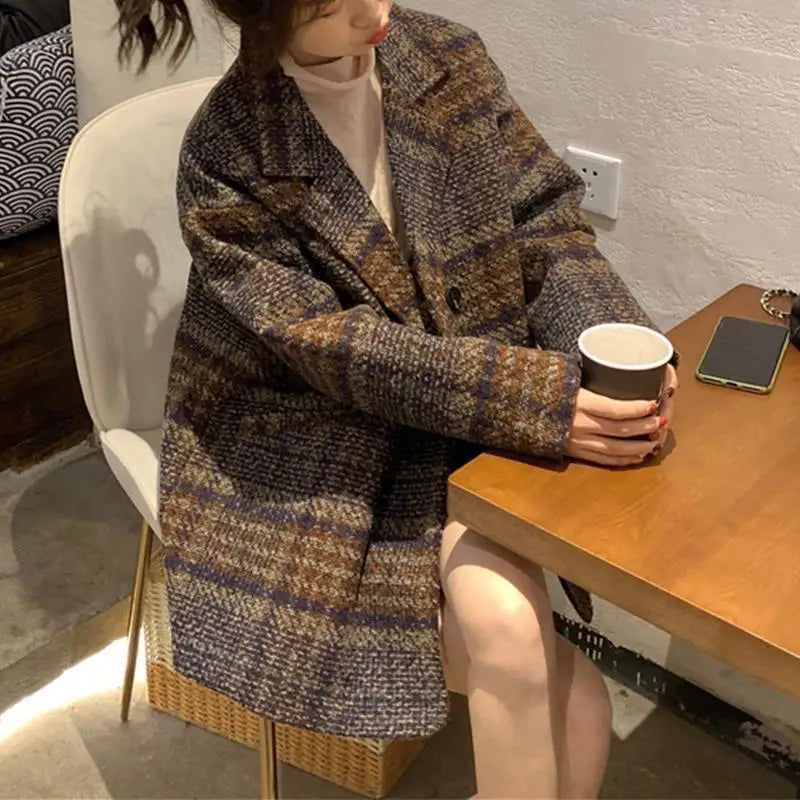 2024 Women Autumn Winter Korean Woolen Coat Plaid New Style Loose Tops Clothes Overcoat Lapel Collar Thick Coat