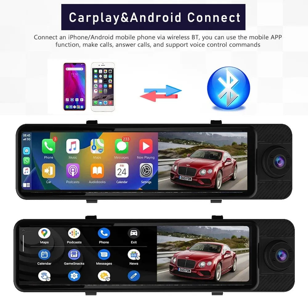 12Inch 3 CHs Triple Way Front Rear and Right 2.5K Rearview Mirror Dash Cam with GPS Carplay & Android Auto WIFI Phone APP