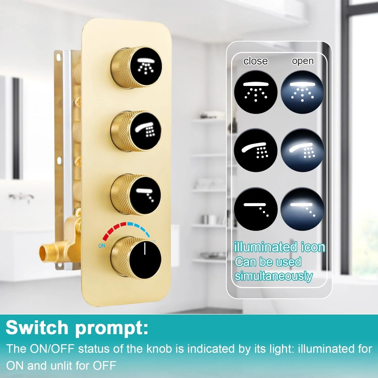 Upgrade 10 Rainfall Head 4PC On-Off Switch Body Glowing Icon Diverter Valve All-Jets Shower System One Handheld Brushed Faucet