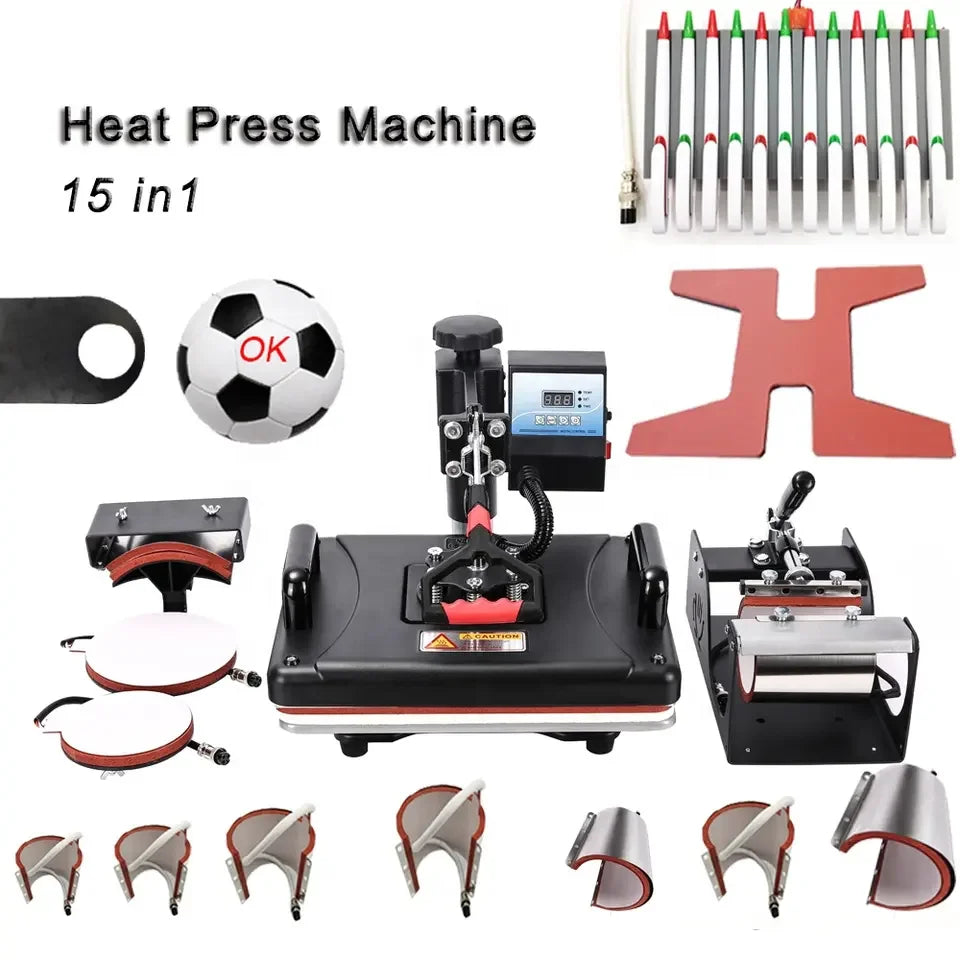 15 in 1 Heat Transfer Machine for T-shirt Mug Hat Plate Glass Ball Shoes Digital Display 15 in 1 Combo Heat Press Machine