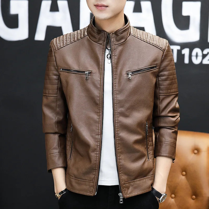 2021 Men's Casual PU Leather Jacket Coat Stand Collar New Korean Version Handsome Flight Motorcycle Jacket for Spring Autumn