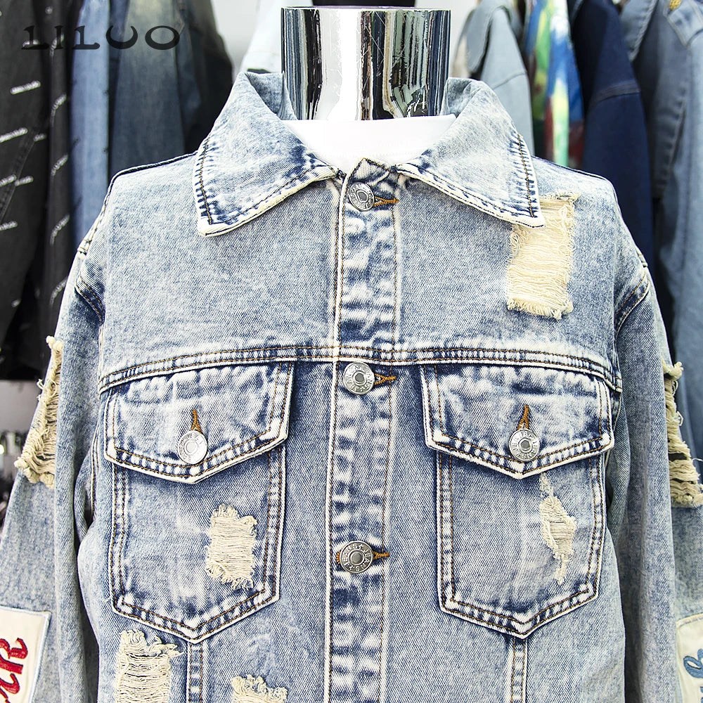 1 Pcs High Quality Male Denim Jacket Casual Solid Color Streetwear Coat Button up Workwear Distressed Patch Pilot Jacket for Men