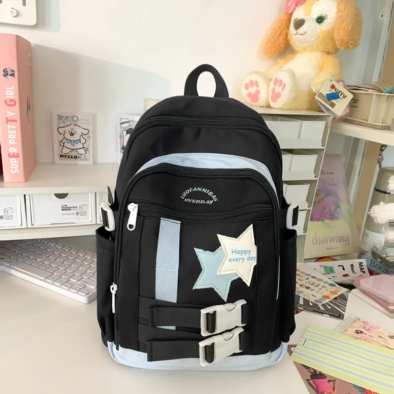 2024 New School Bag Fashion Contrast Color Nylon Five Pointed Star Large Capacity Backpack Trendy Female College Students