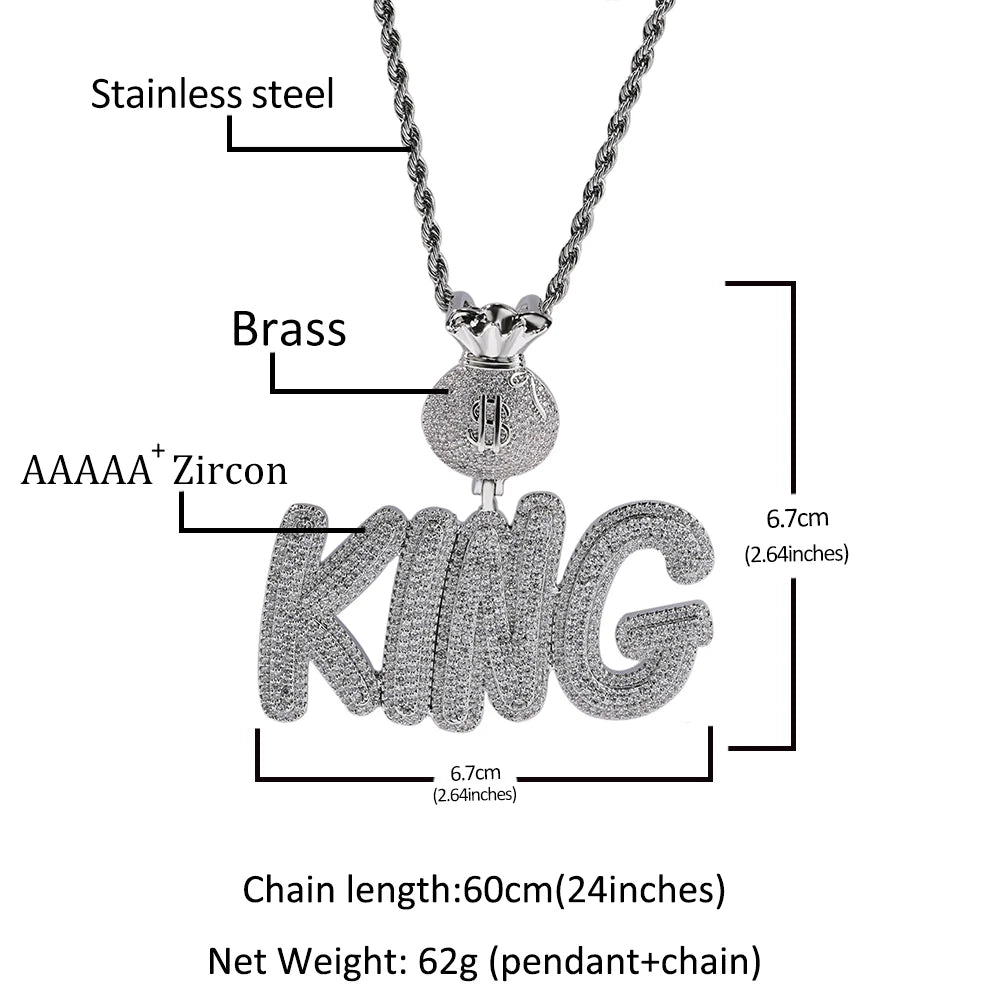 2023 New AAA CZ King Pendant Necklace Iced Out Bling Silver Color Cubic Zirconia US Dollar Buckle Charm Women Men Hiphop Jewelry