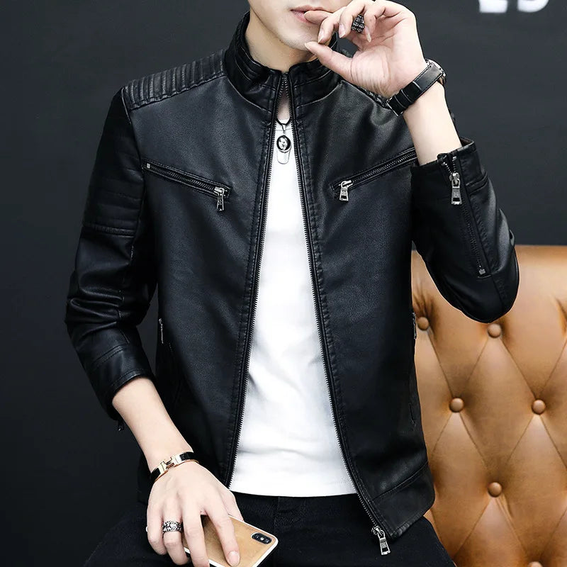 2021 Men's Casual PU Leather Jacket Coat Stand Collar New Korean Version Handsome Flight Motorcycle Jacket for Spring Autumn