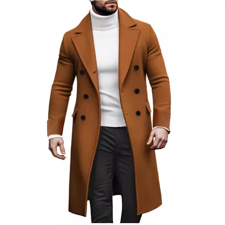 2024 Europe and America  Autumn Winter New Woolen Solid Color Long Sleeve Double Breasted Lapel Collar Men's Long Coat