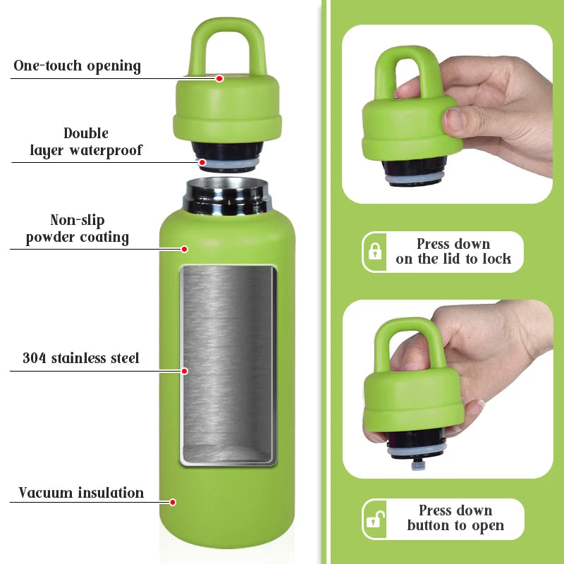 US RTS 26oz Stainless Steel Water Bottle Powder Coating Double Walled Tumbler Press Open Lid Vacuum Flask for Laser Green