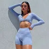 2022 Summer Design Long Sleeve Crop Tops Two Piece Shorts Set Women 2 Piece Yoga Set Casual