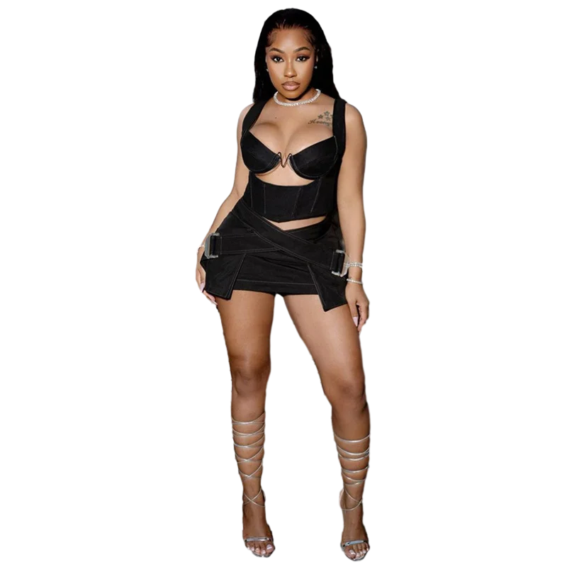 "New 2024 Women'S Sexy Zipper Fashion Solid Color Spliced Tank Top High Waist Wrap Hip Slim Fit Short Skirt 	 2 Piece Set Women"