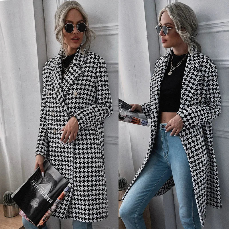 2023 Fashion Plaid Suits Turn Down Collar Double Button Mid-Length Casual Coat Swallow Gird Print Coat for Ladies
