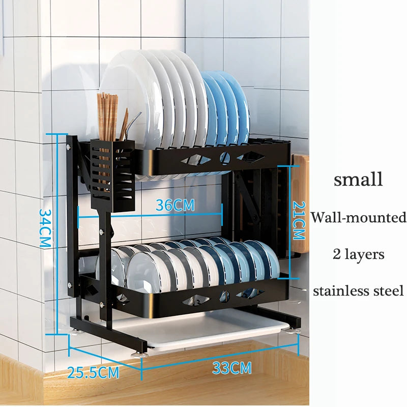 2021 New Wall-mounted/desktop Stainless Steel Foldable Dish Rack Dish Drainer Rack with Drip Tray Kitchen Accessories Organizer