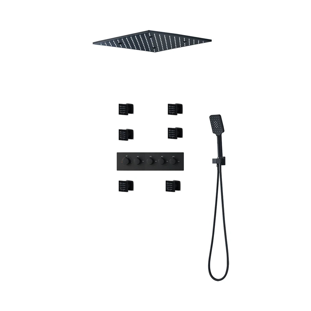 20 Inches Ceiling Mounted Square Led Shower Panel Set Rainfall Spray Thermostatic Valve Mixer With Side Jets