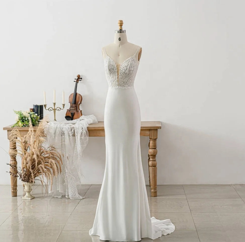 11363 #French Elegant Open Back Trumpet Sleeveless Satin Wedding Dress 2021 V Neck Sweep Train Spaghetti Straps  Bridal Gowns