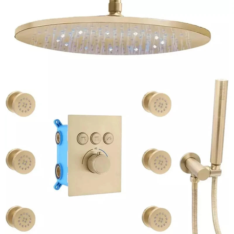 12-Inch Brushed Gold LED Rain Shower Head System Thermostatic Mixer with Single Handle Contemporary Brass Design for Hotels