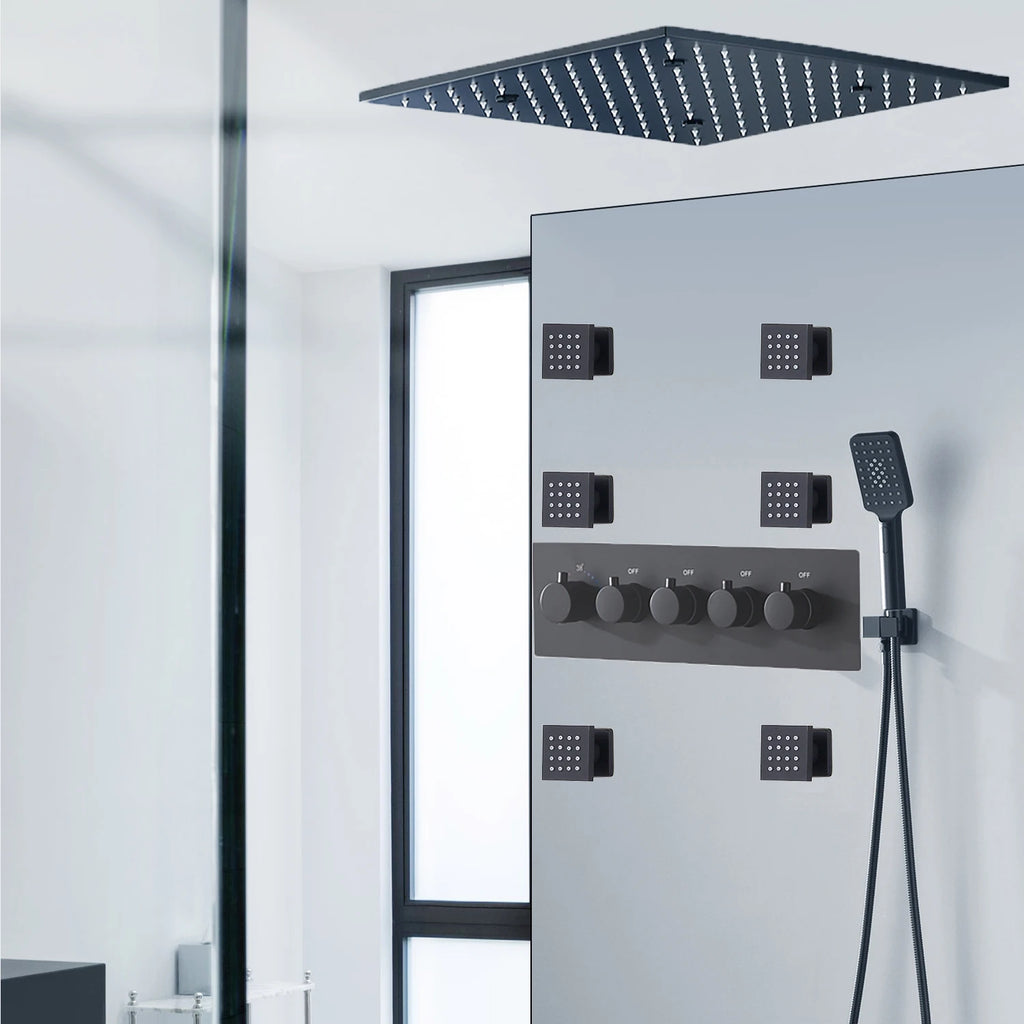 20 Inches Ceiling Mounted Square Led Shower Panel Set Rainfall Spray Thermostatic Valve Mixer With Side Jets