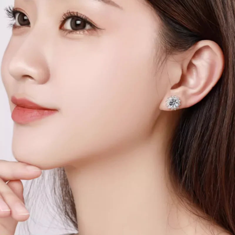 Husky Jewelry Sunflower Fashion Wedding Party 925 Silver Crystal 1Ct*2 VVs1 Moissanite Diamond Stud Earrings