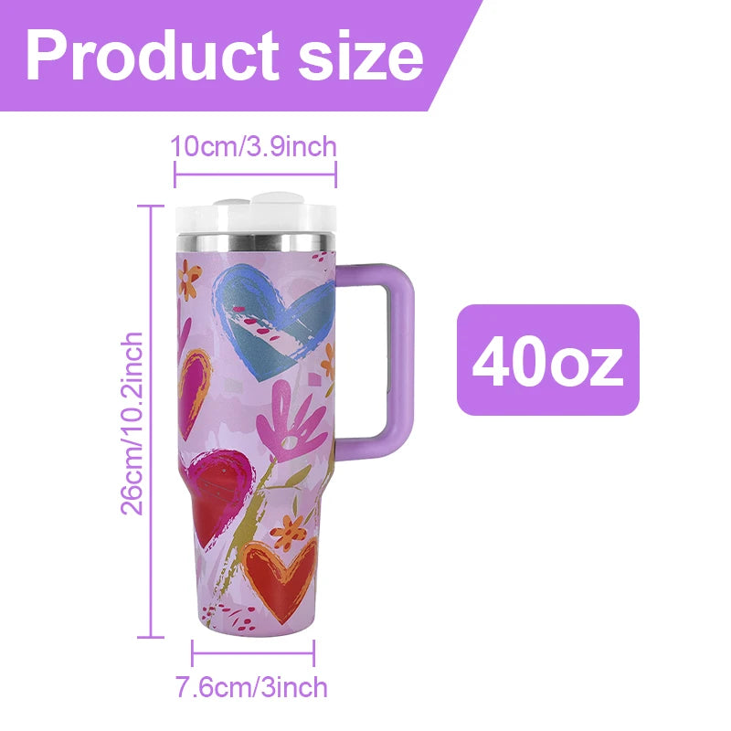 USA Shipped 40oz Stainless Steel Tumbler 3D Printed Pink Flower Travel Mug Luxury Flexible Handle for Hot Cold Beverages