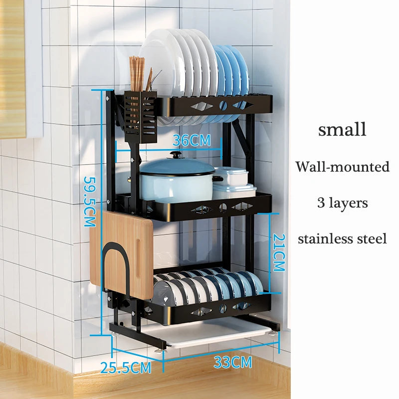 2021 New Wall-mounted/desktop Stainless Steel Foldable Dish Rack Dish Drainer Rack with Drip Tray Kitchen Accessories Organizer