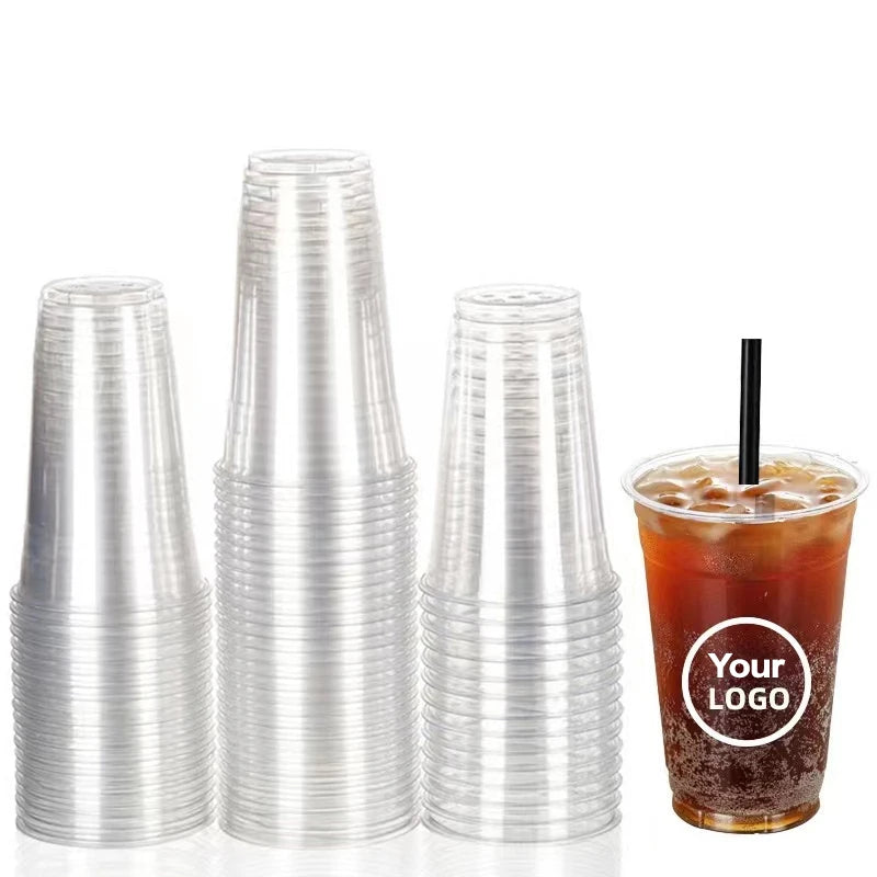 1,000 Count Custom Printing Disposable Clear PET Cup Lids Reusable Plastic Cup for Take Away Coffee Juice Drink Milk