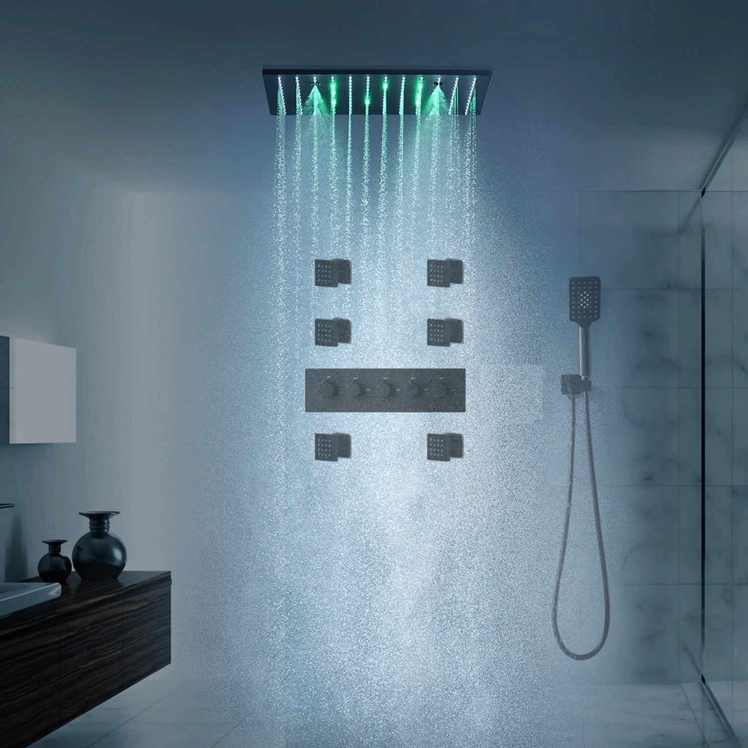20 Inches Ceiling Mounted Square Led Shower Panel Set Rainfall Spray Thermostatic Valve Mixer With Side Jets