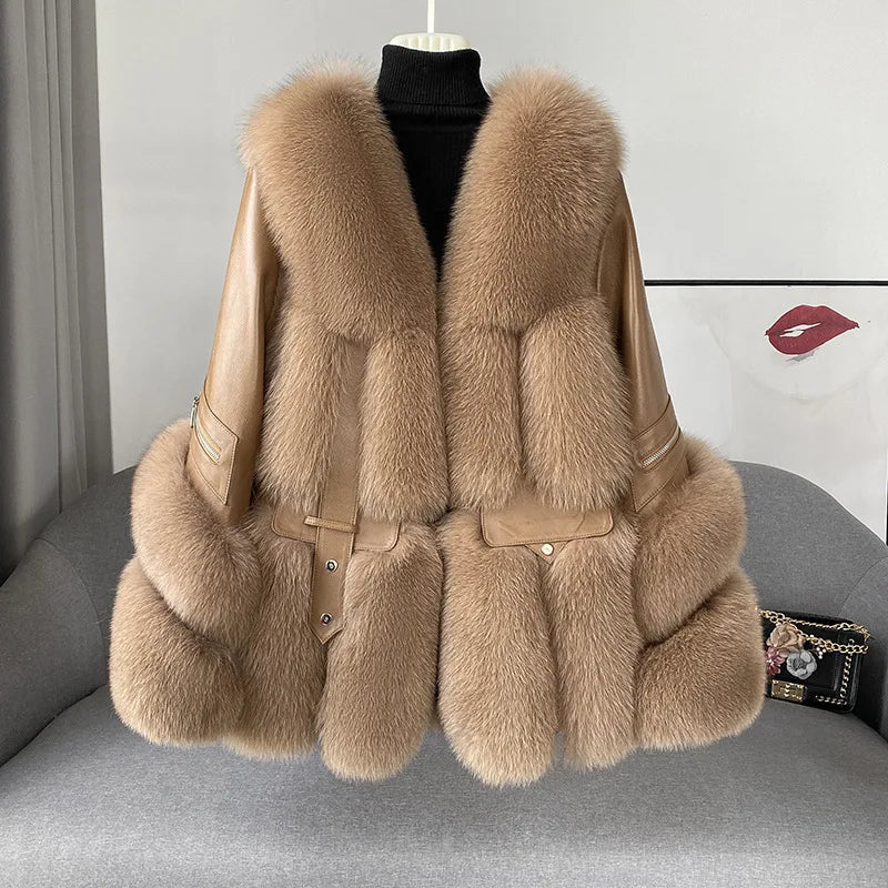 2024 Winter Ladies Real fox Fur Jacket Genuine Sheep Leather Coat with fox Fur Female Fashionable Fur Jackets
