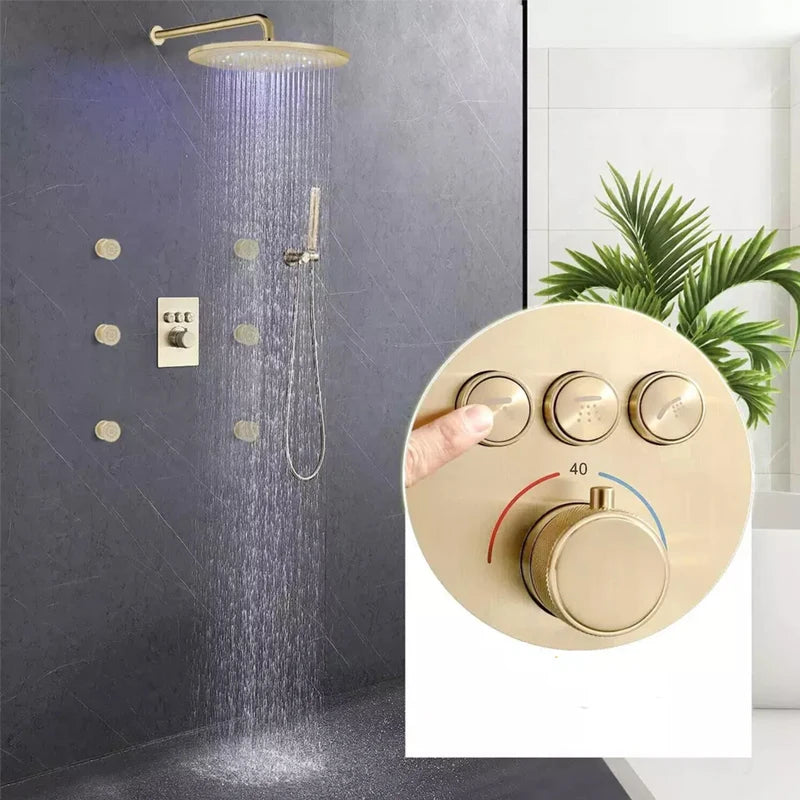 12-Inch Brushed Gold LED Rain Shower Head System Thermostatic Mixer with Single Handle Contemporary Brass Design for Hotels