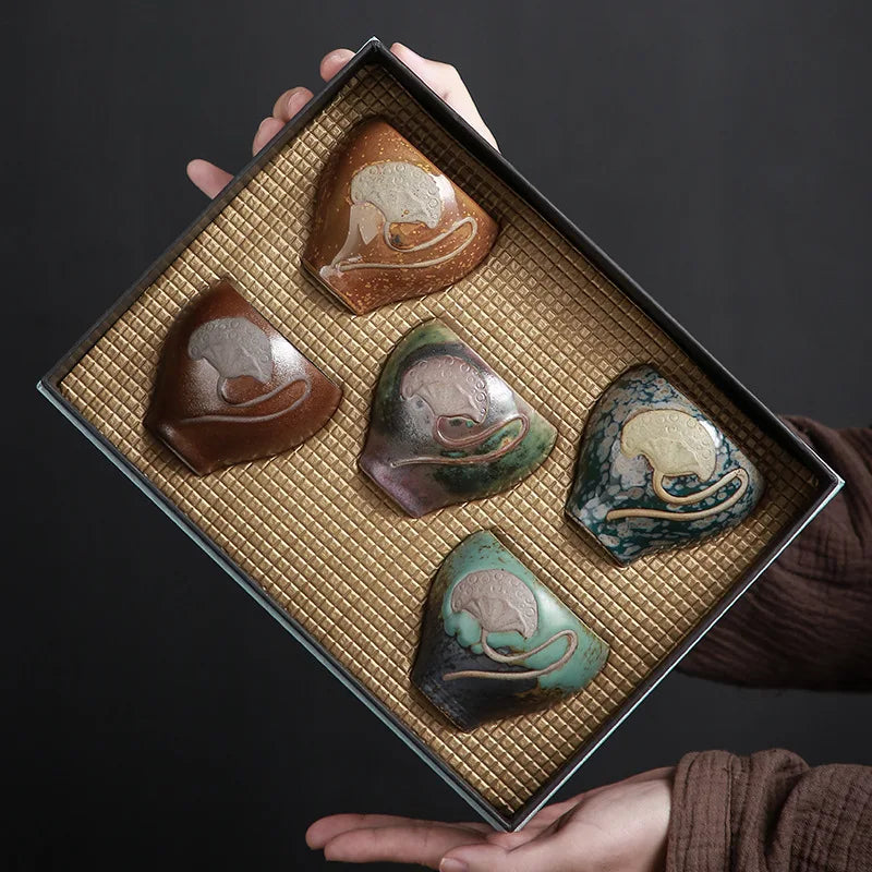 Stoneware Five Cup Ceramic Kung Fu TeaCup Kiln Baked Embossed Lotus Single Cup Master Cup  Gift Tea Cupsuit