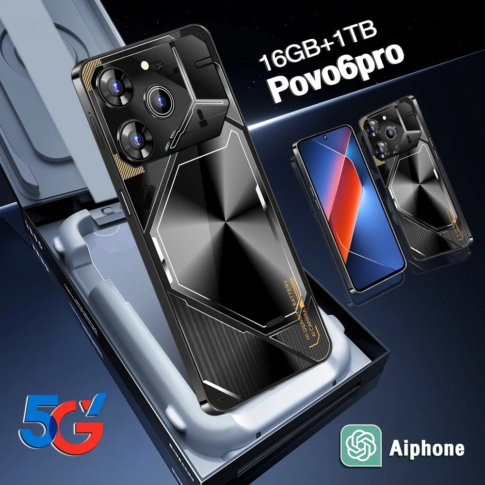 2022 Original Povo6pro Global 5G Smartphone 7.0 Inch 16GB+512GB Cellphone GPS Navigation Cheap Original Android Mobile Phone