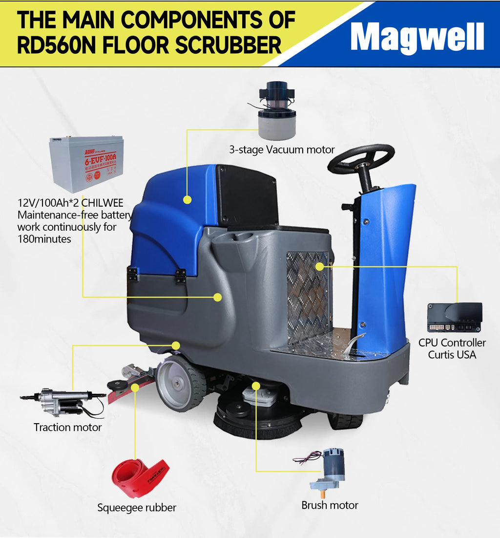 Magwell RD560N Industrial Ride on Washer Automatic Floor Scrubber for Warehouse Concrete Floor Cleaning