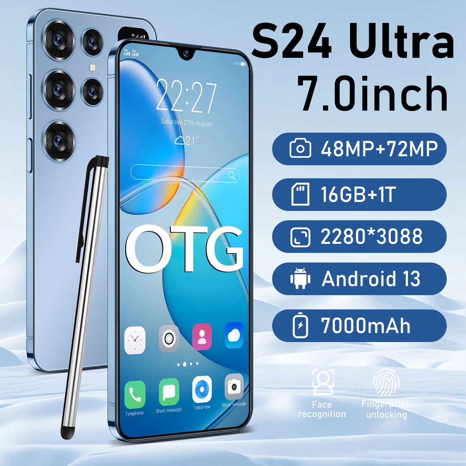 2024 New S24 ultra 7inch Smartphone 4G 5G Unlock Android13.0 Mobile 16GB 1TGB Cellphone Cell Smart Phone