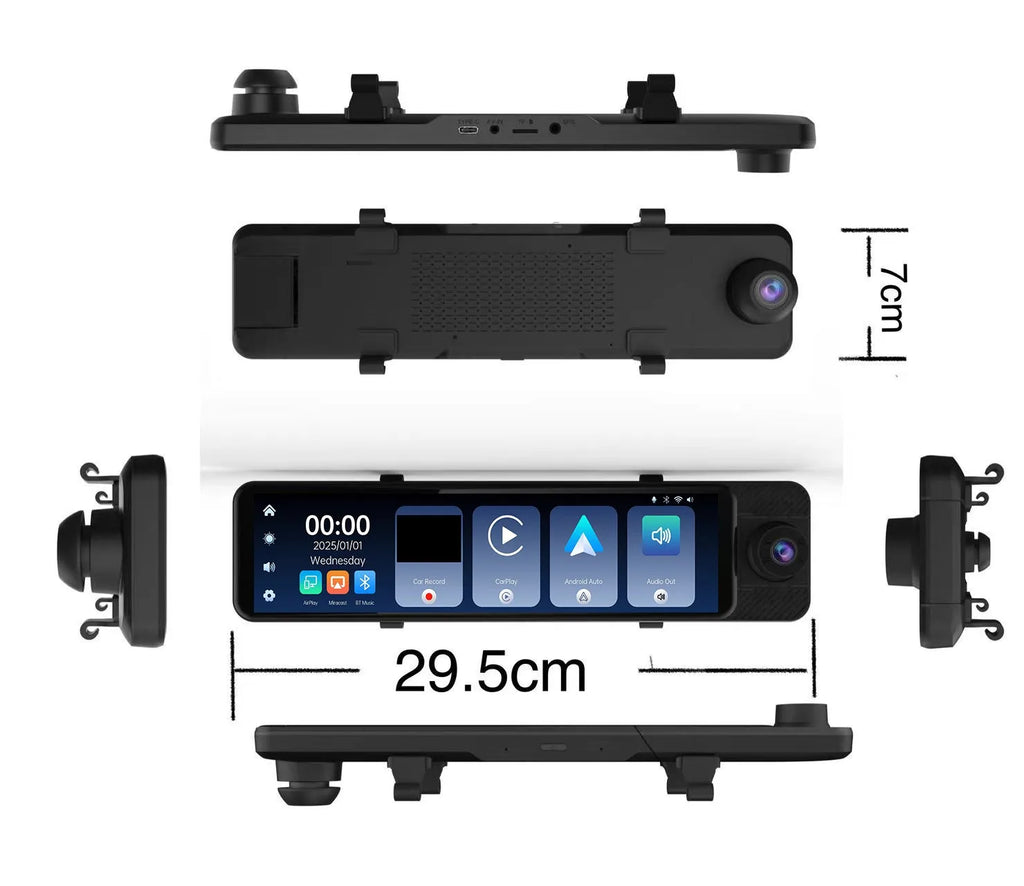 12Inch 3 CHs Triple Way Front Rear and Right 2.5K Rearview Mirror Dash Cam with GPS Carplay & Android Auto WIFI Phone APP