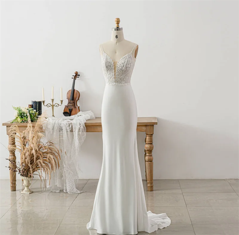 11363 #French Elegant Open Back Trumpet Sleeveless Satin Wedding Dress 2021 V Neck Sweep Train Spaghetti Straps  Bridal Gowns