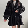 2025 Autumn Winter Women Suit Collar Coat Puff Sleeve Korea Solid Color Button Slim Loose Lady's Overcoat With Belt Casual Coat