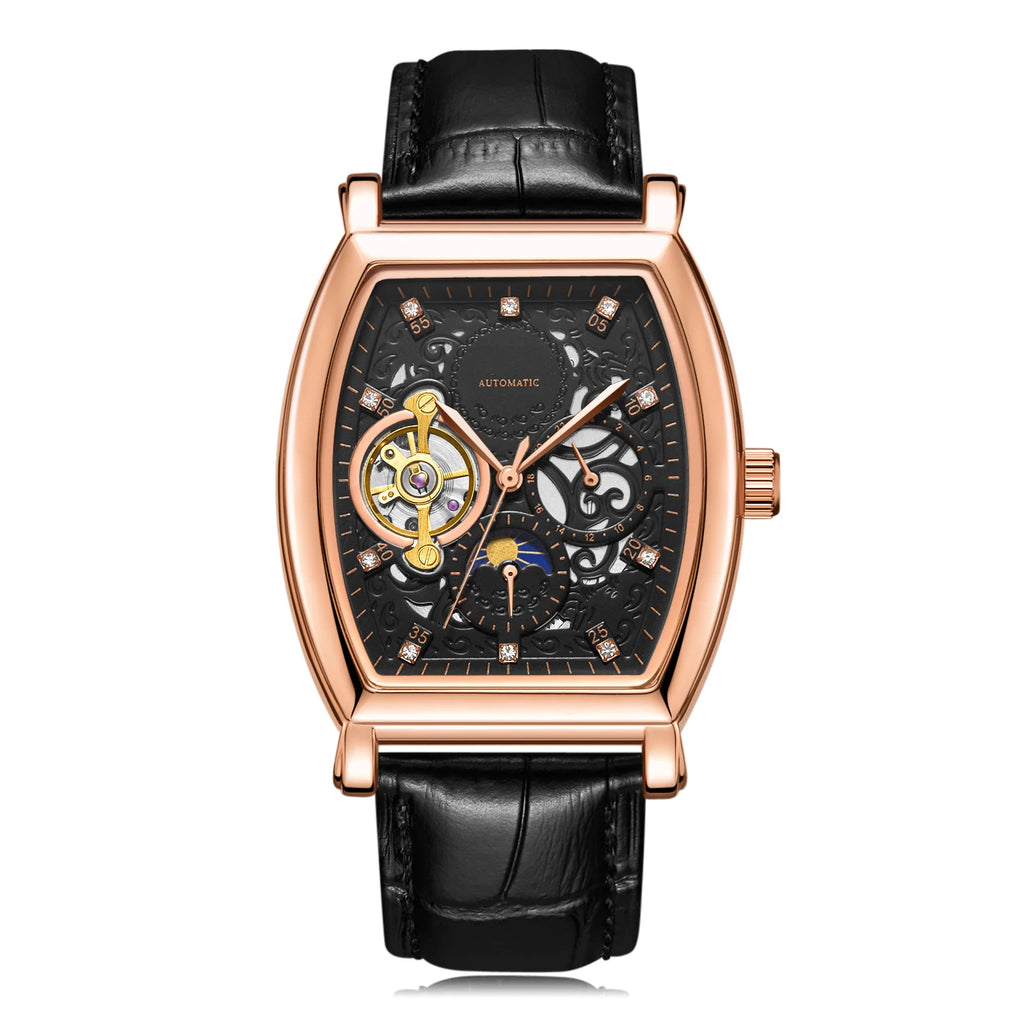 Real Tourbillon Hollow Out Men Watch Luxury Business Leather Automatic Mechanical Moon Watch