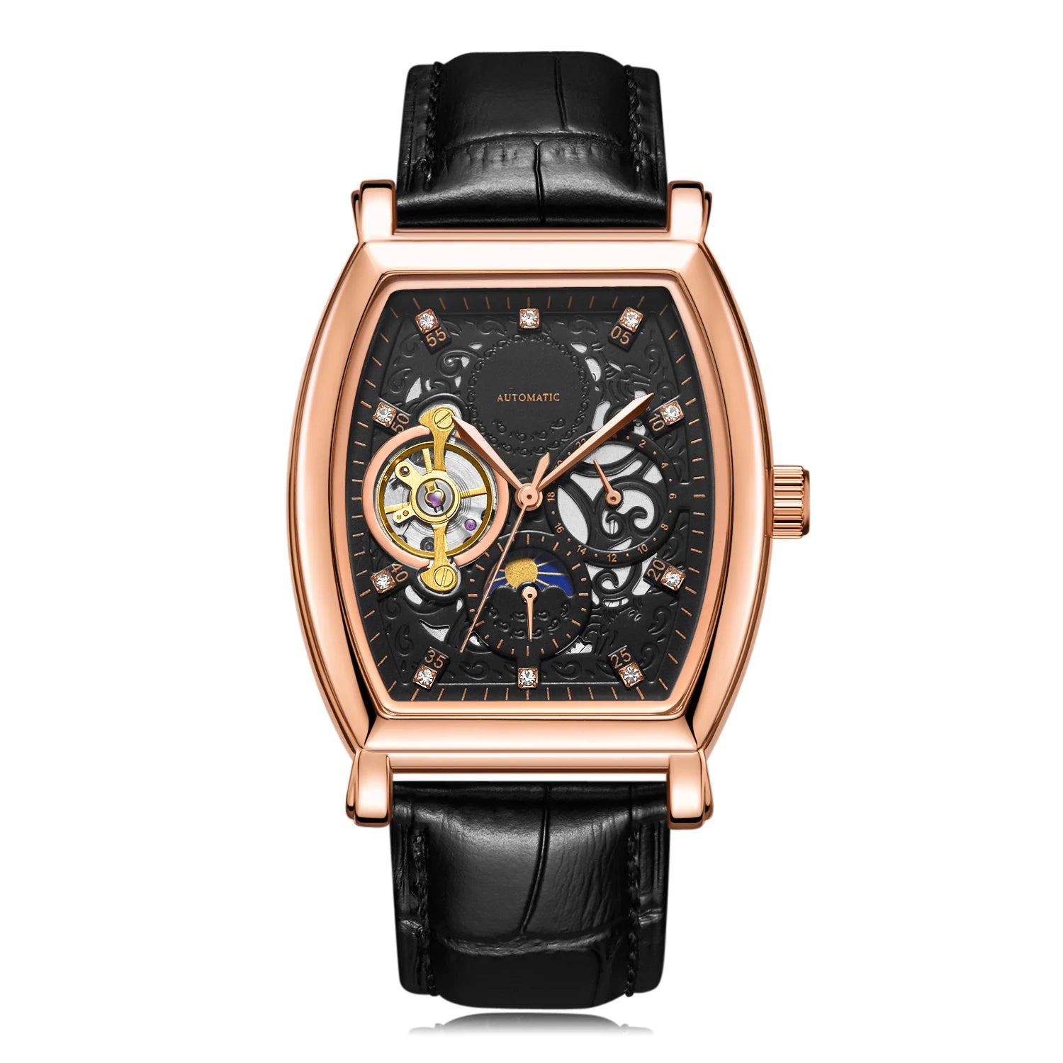 Real Tourbillon Hollow Out Men Watch Luxury Business Leather Automatic Mechanical Moon Watch