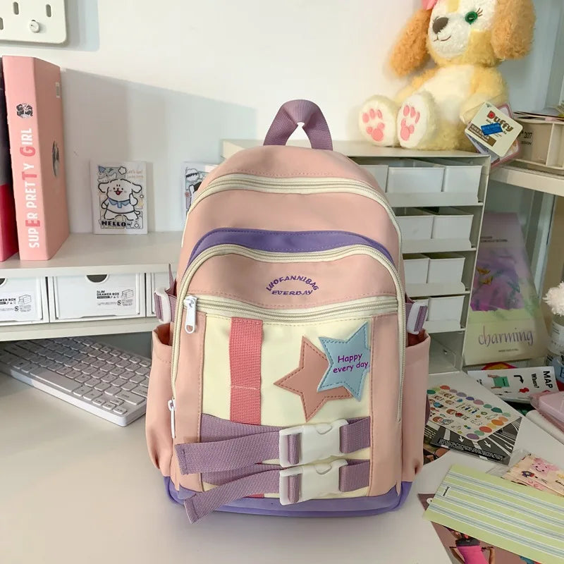 2024 New School Bag Fashion Contrast Color Nylon Five Pointed Star Large Capacity Backpack Trendy Female College Students