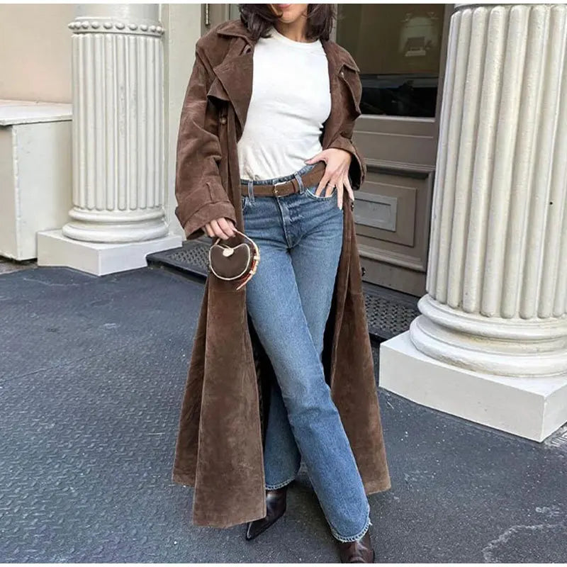 2025 Autumn Winter Elegant Suede Leather Belt Long Trench Brown Coat Fashion Warm Double Button Jacket High Quality Women Coat